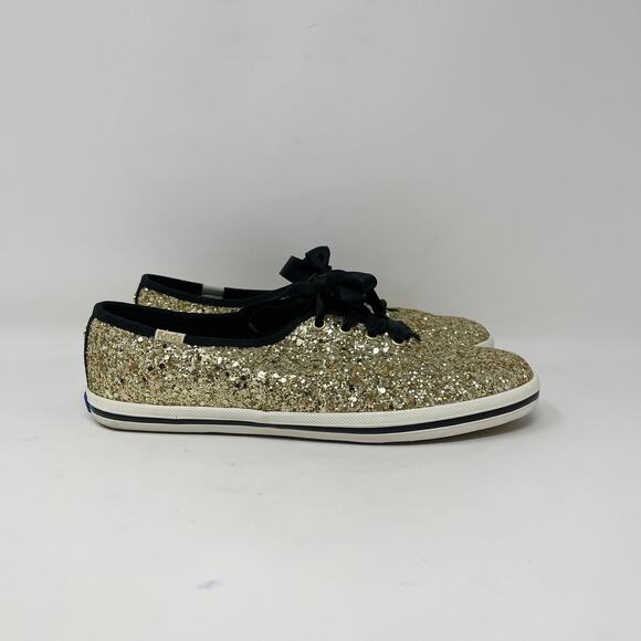 Keds x Kate Spade Glitter Lace Up Sneaker Womens 7 Gold Glitter Black Ribbons - Picture 2 of 9
